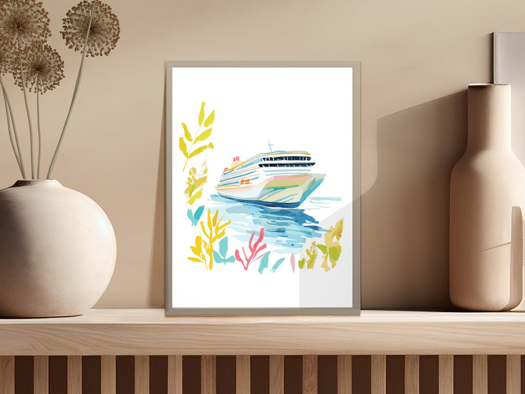 Watercolor painting of a cruise ship sailing through colorful, abstract water and foliage.