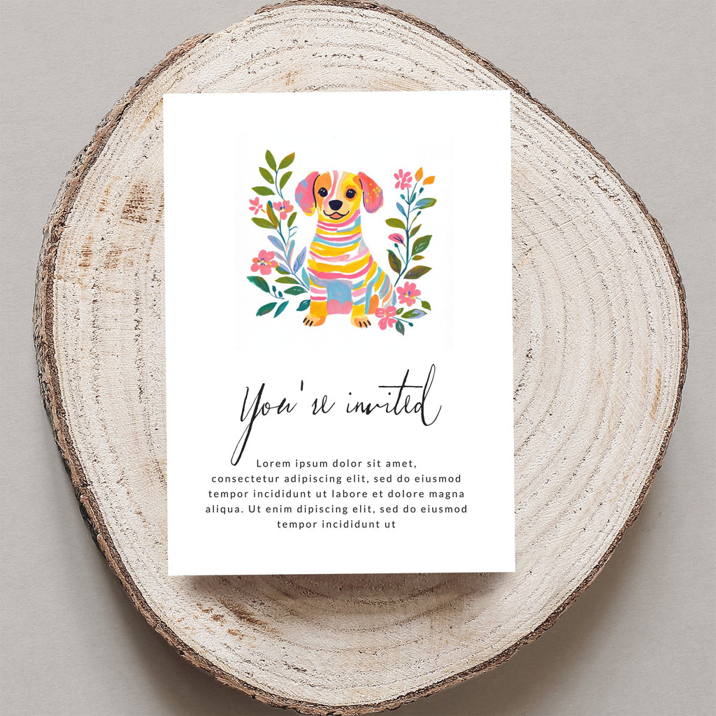 Invitation with a watercolor dog and floral border, "You're invited" text.