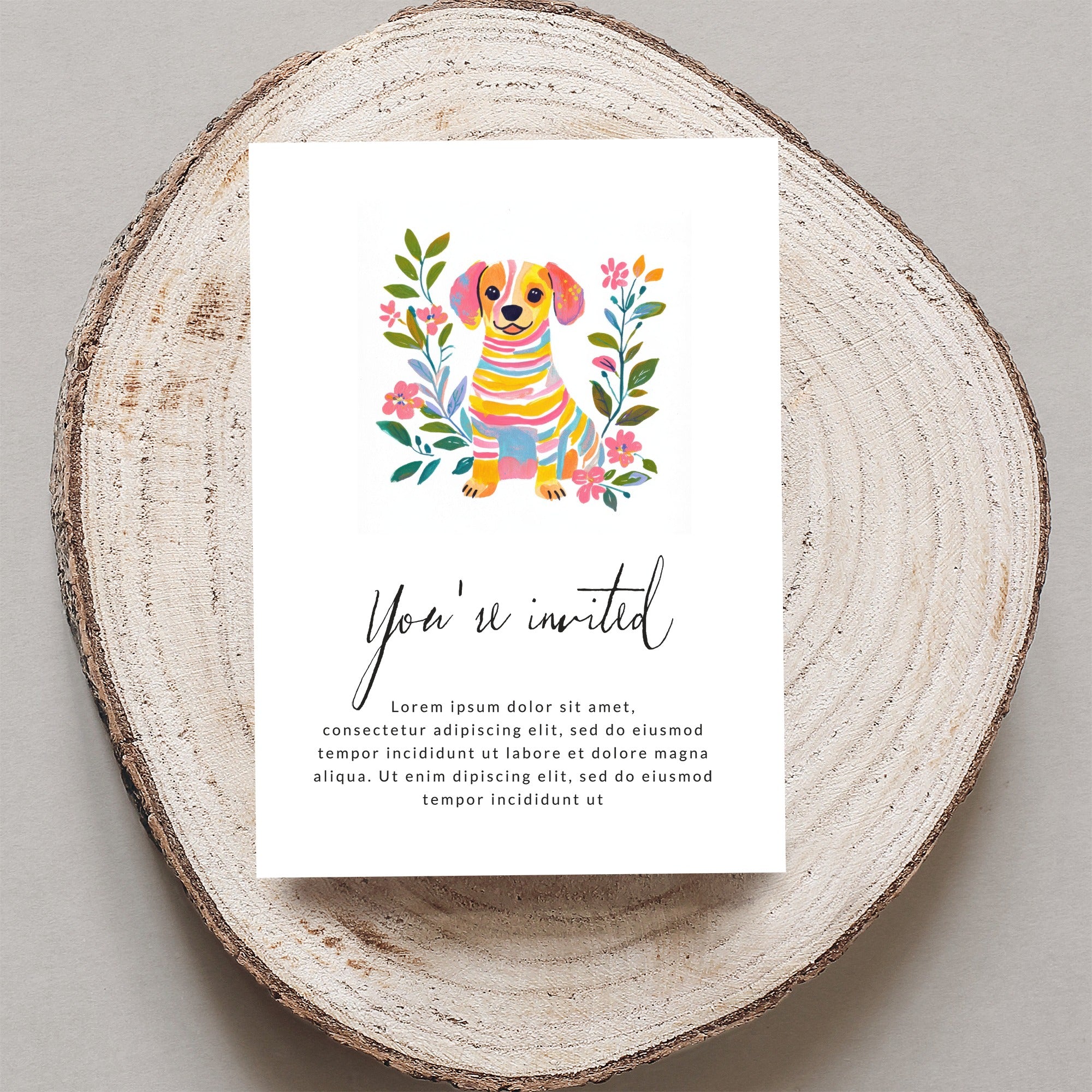 Invitation with a watercolor dog and floral border, "You're invited" text.