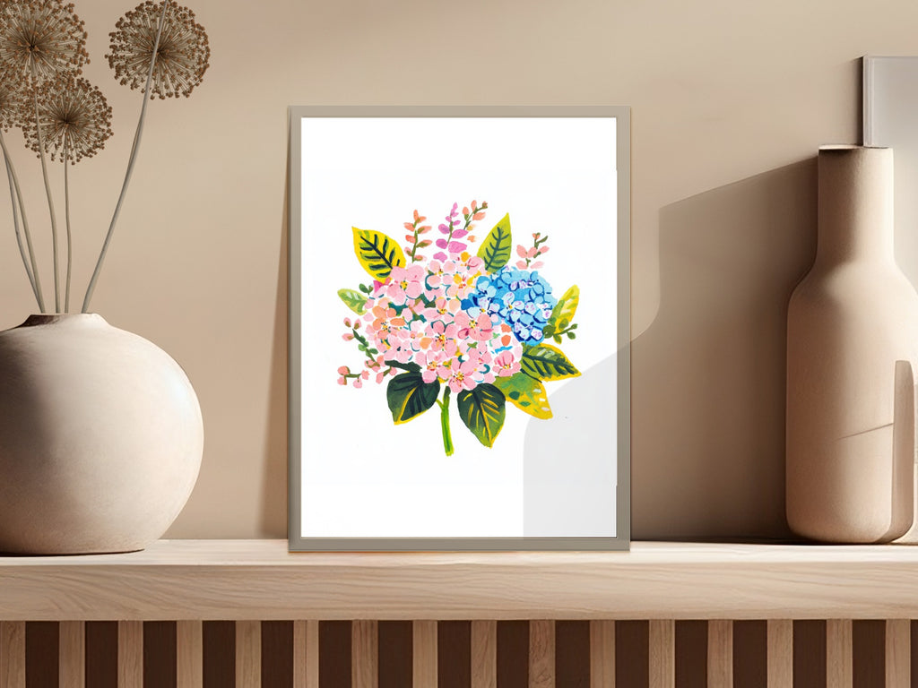 Watercolor floral art print featuring pink and blue hydrangeas.