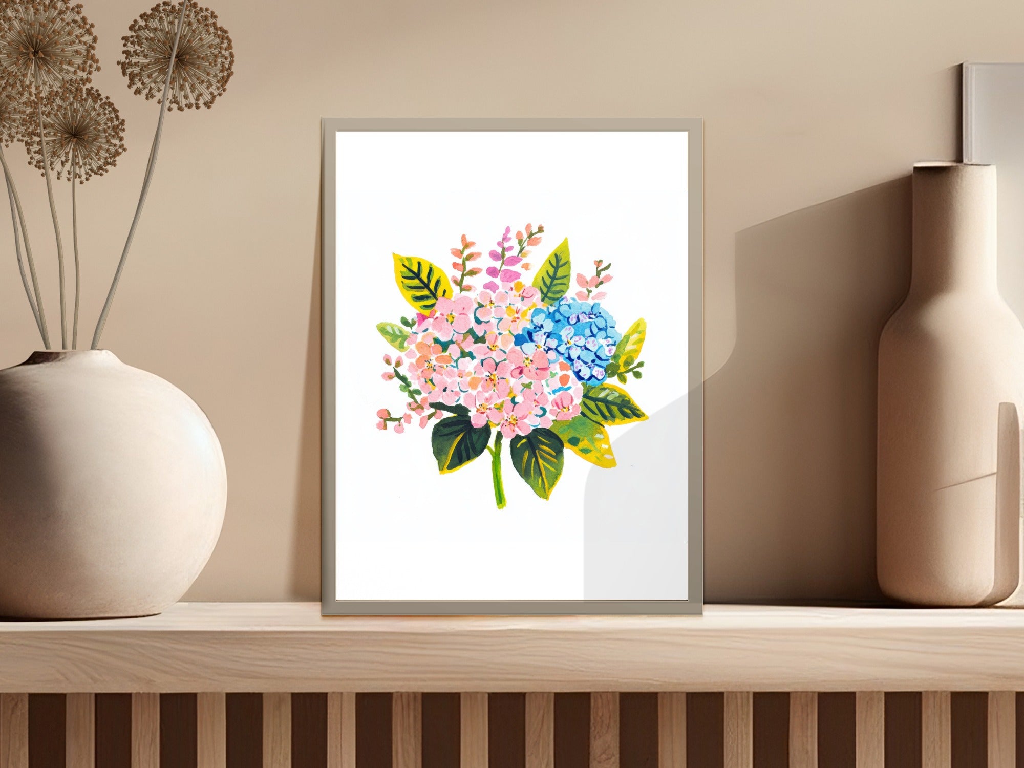 Watercolor floral art print featuring pink and blue hydrangeas.