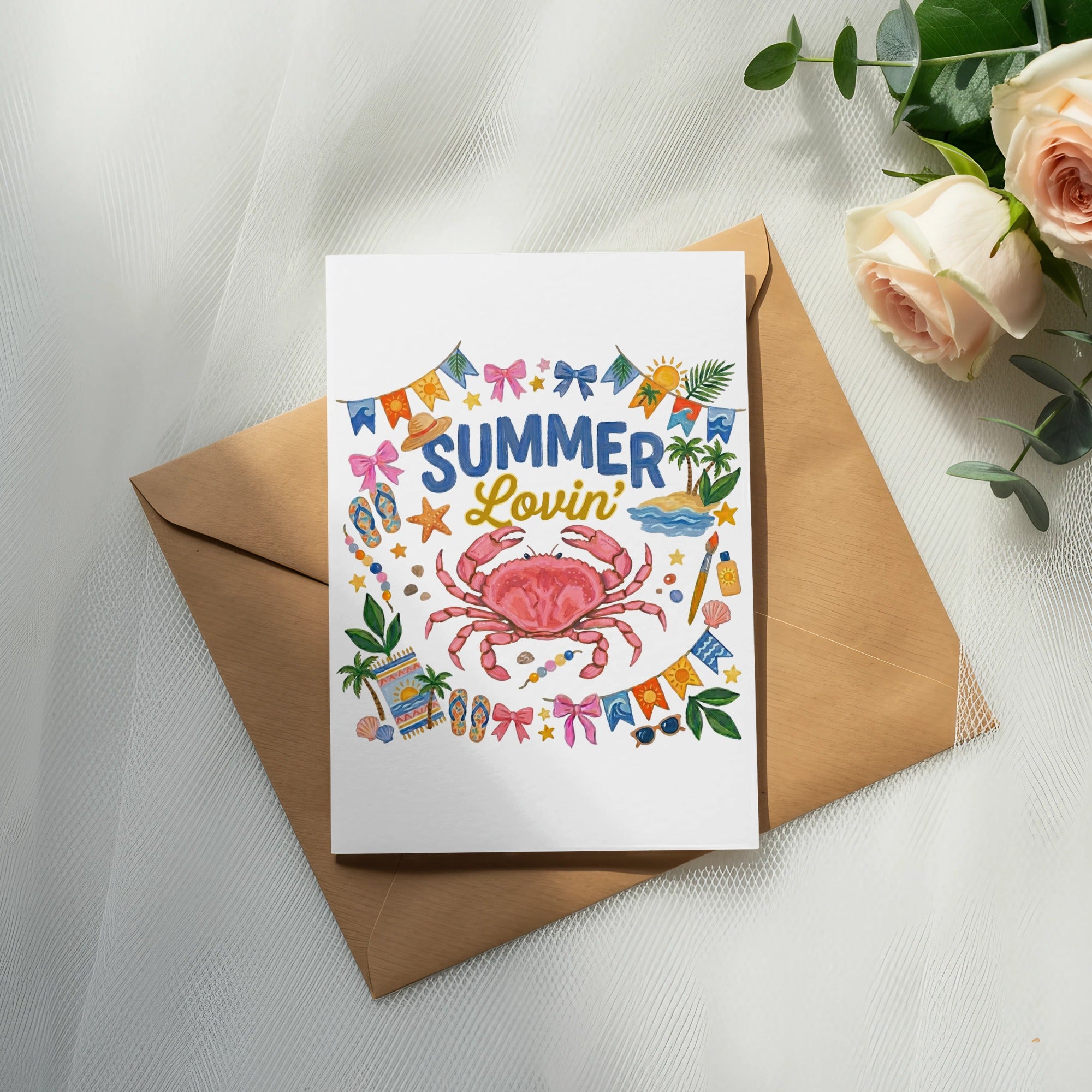 Card with pink crab and "Summer Lovin'" text, surrounded by beach icons.