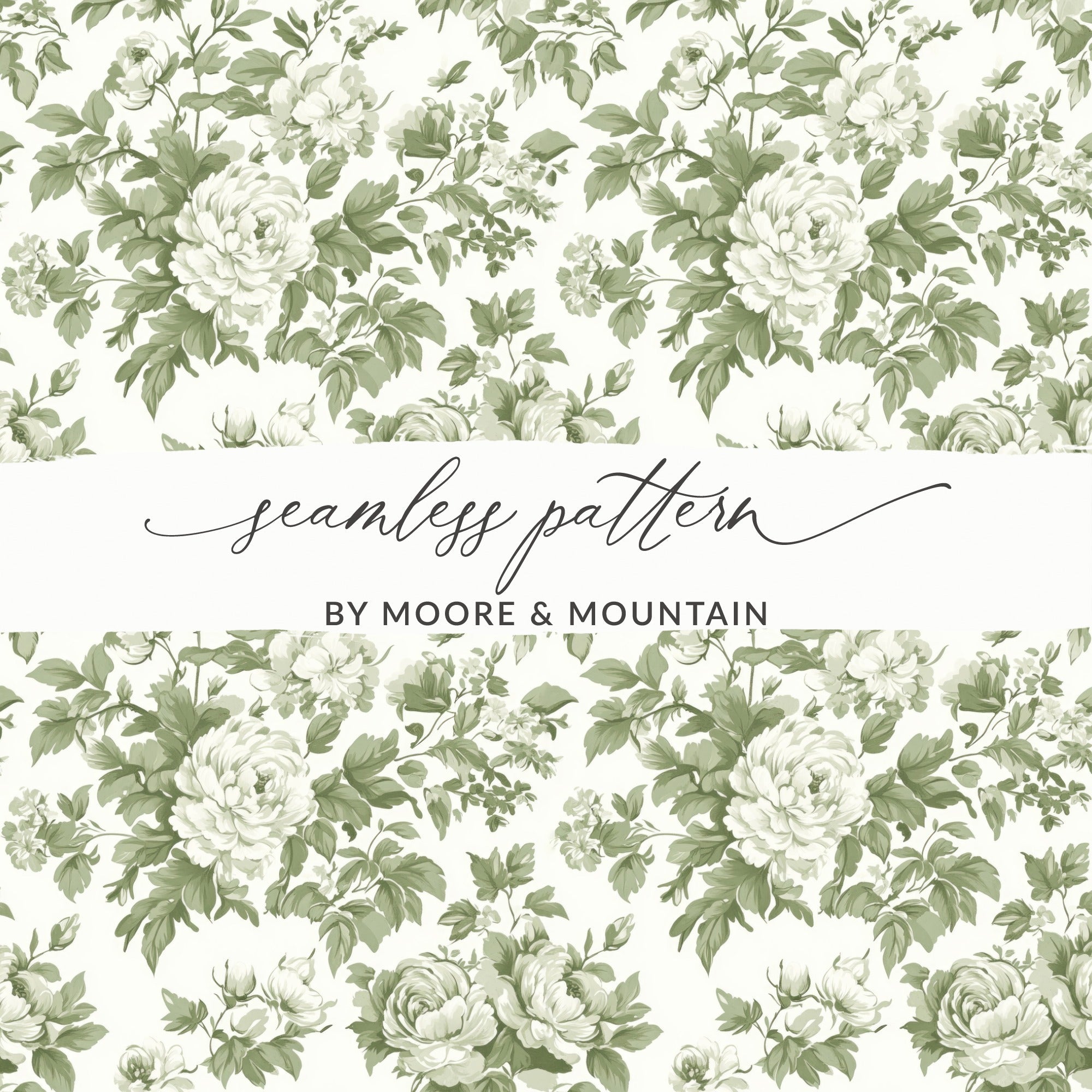 Elegant Green and White Toile Floral Pattern Repeating Design, Vintage Chinoiserie Sage Green Pattern - Moore and Mountain