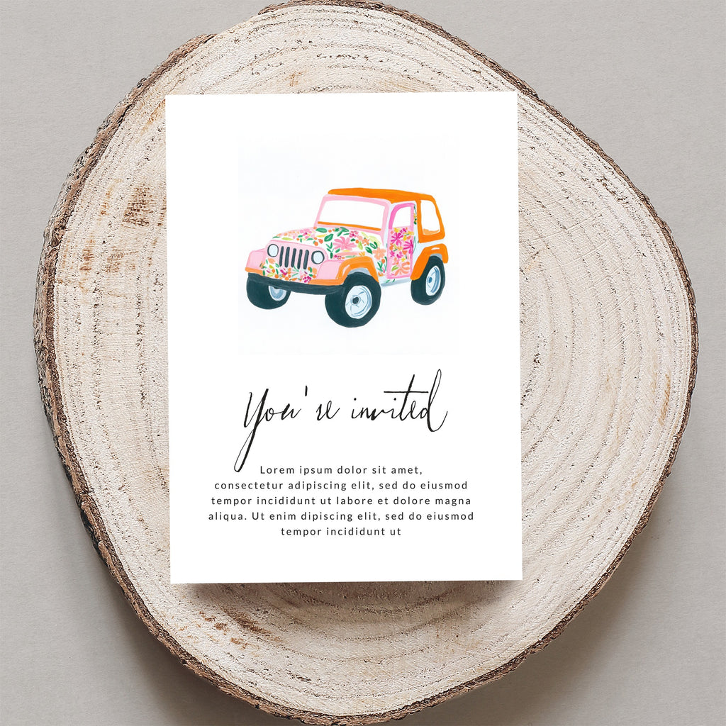 Invitation with floral Jeep and placeholder text.