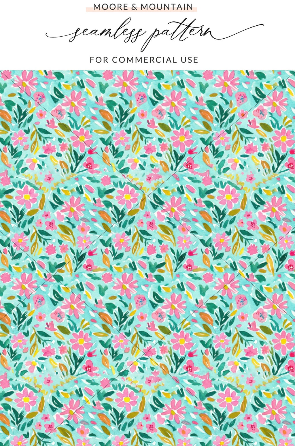 Watercolor floral pattern with pink flowers and green leaves on a teal background.