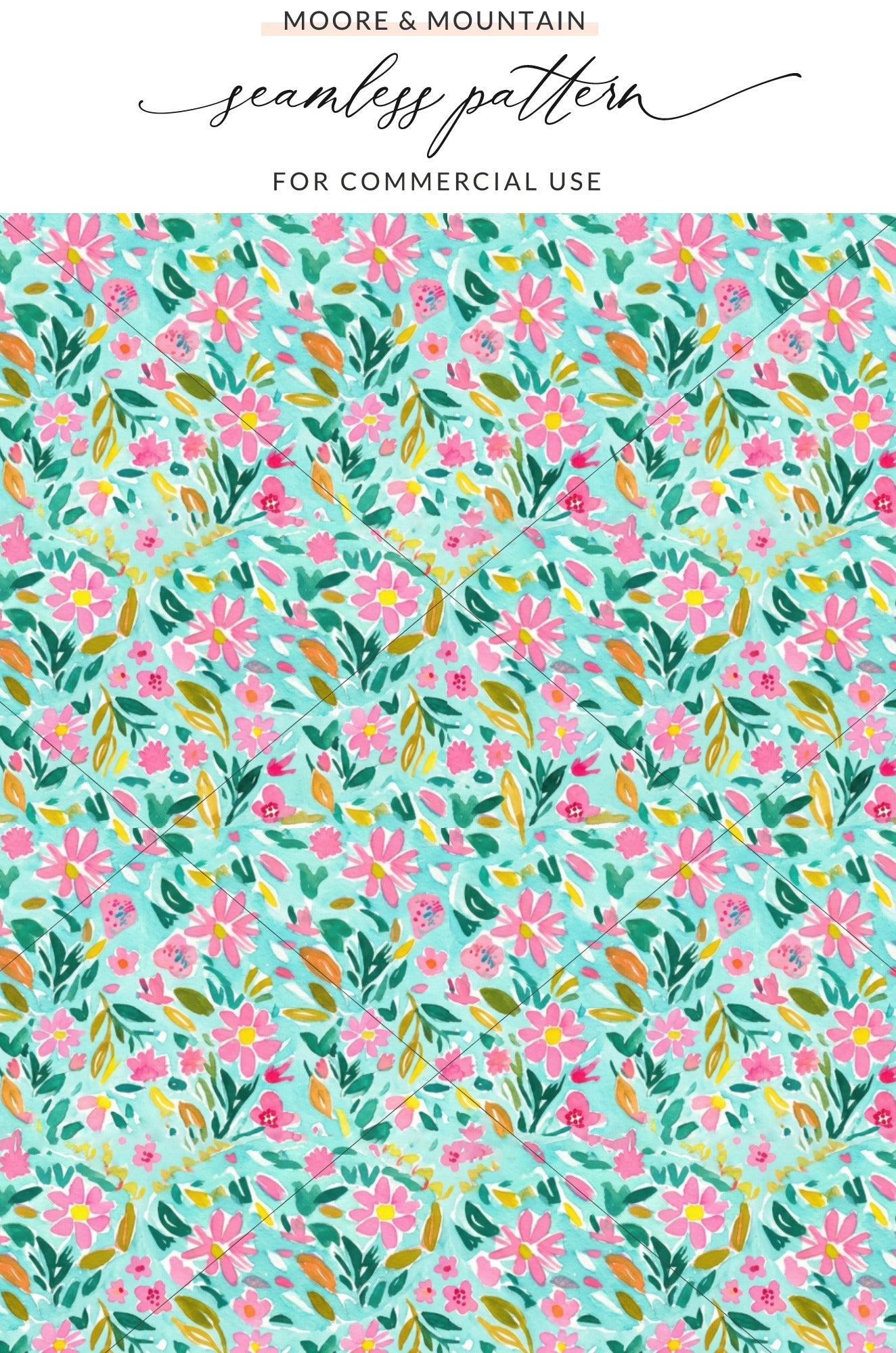 Watercolor floral pattern with pink flowers and green leaves on a teal background.