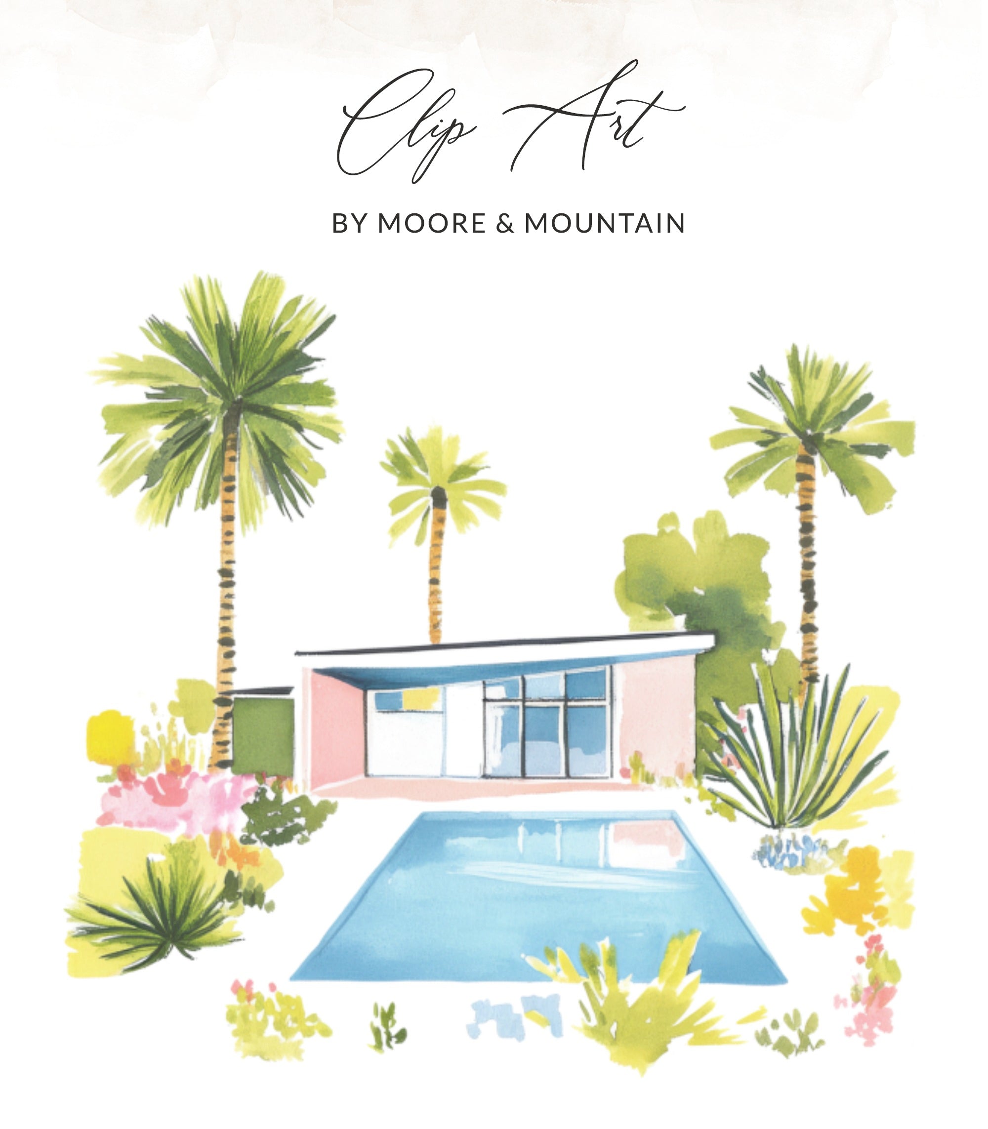 Watercolor illustration of a mid-century modern house with a pool and palm trees.