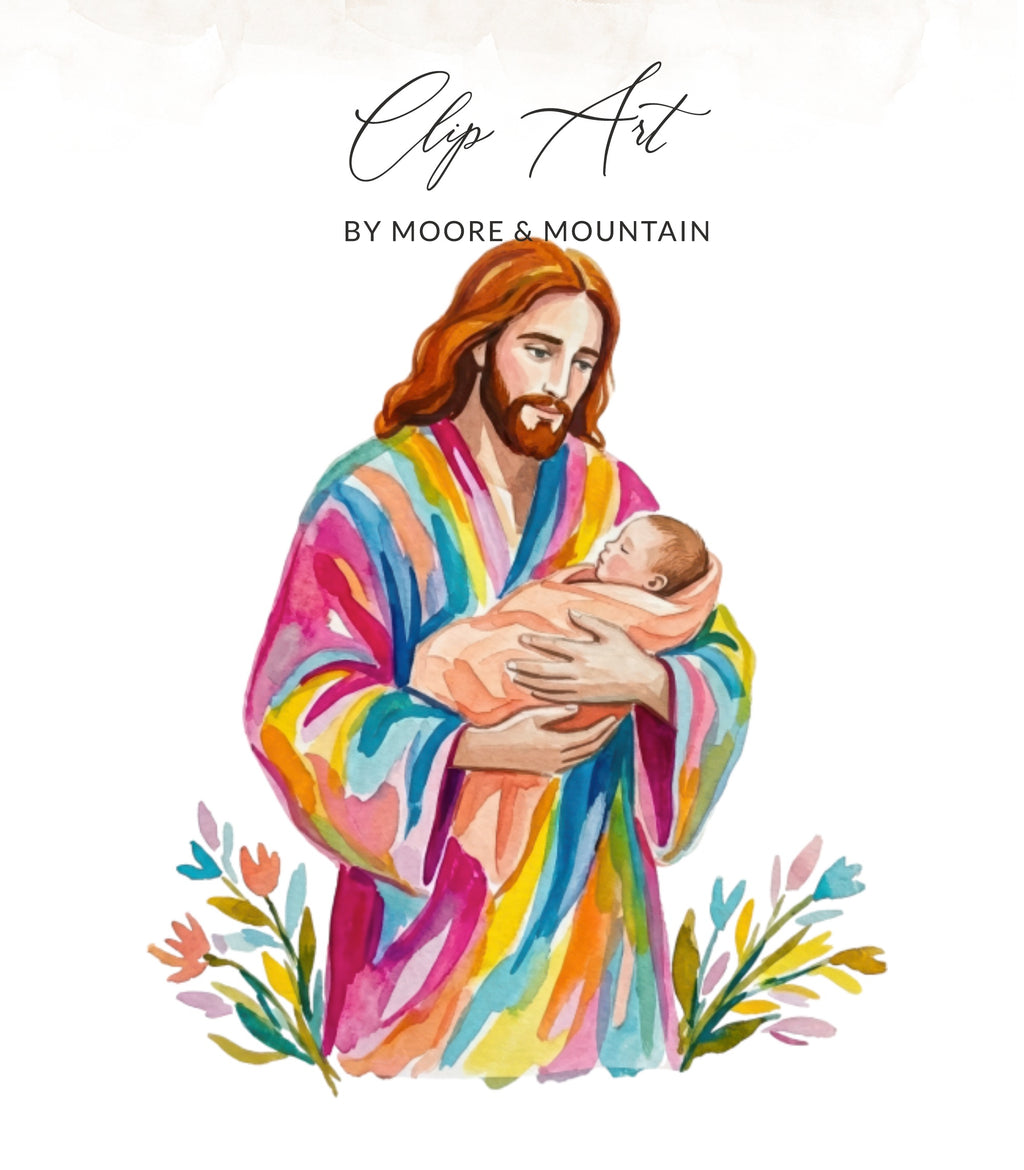 Jesus holding baby in colorful robe with floral accents.