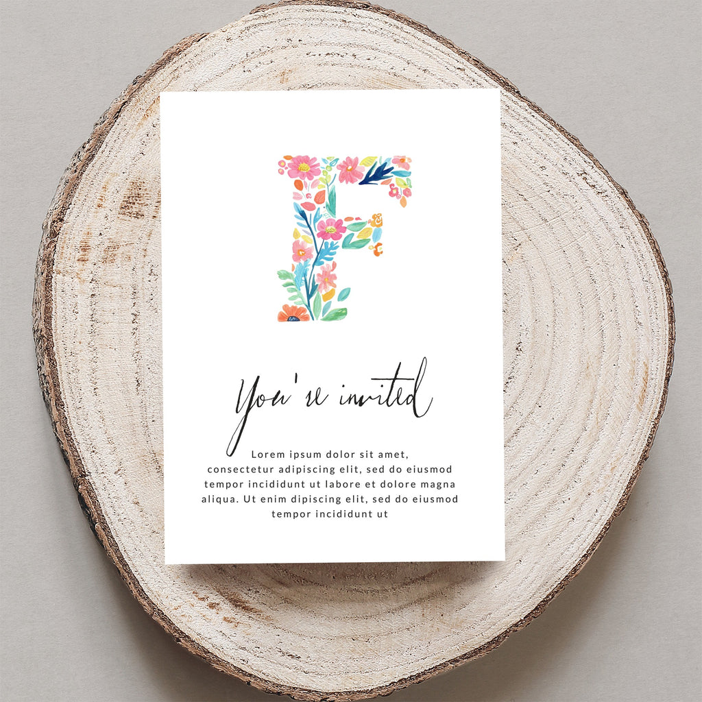 "You're invited" card with floral letter F and placeholder text.
