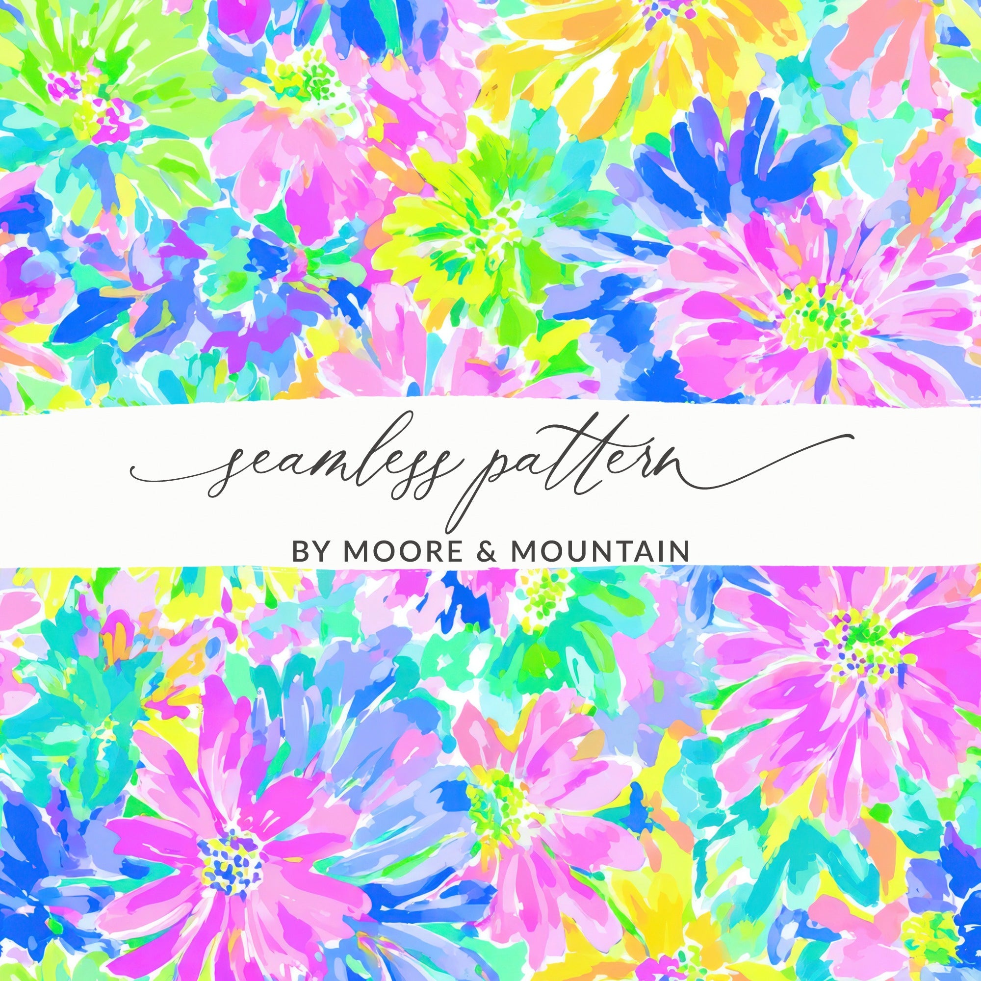 Seamless floral pattern in vibrant blues, pinks, and yellows.