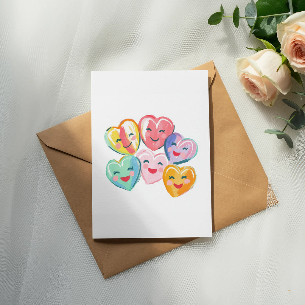 Card with colorful heart characters on a kraft envelope with roses.