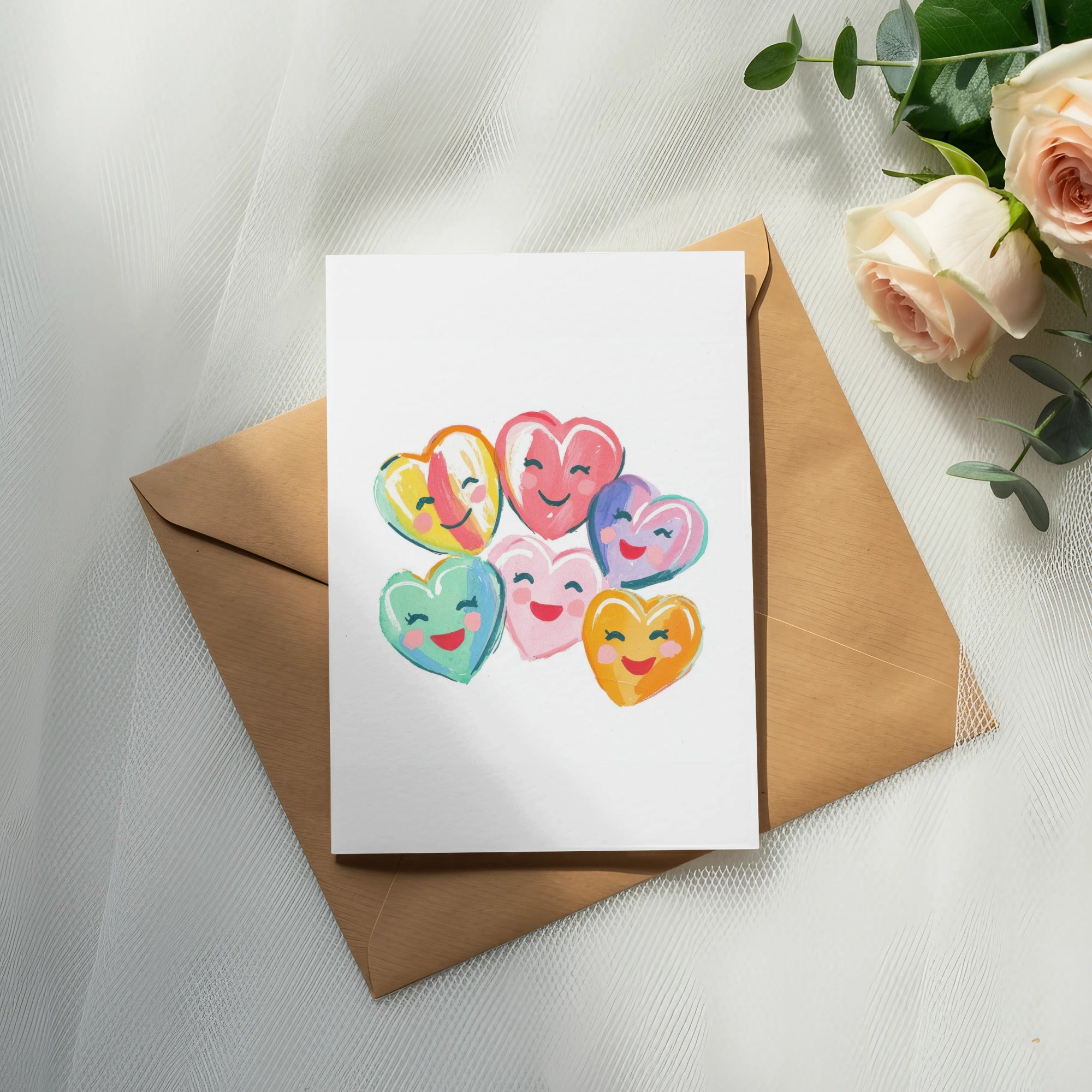 Card with colorful heart characters on a kraft envelope with roses.