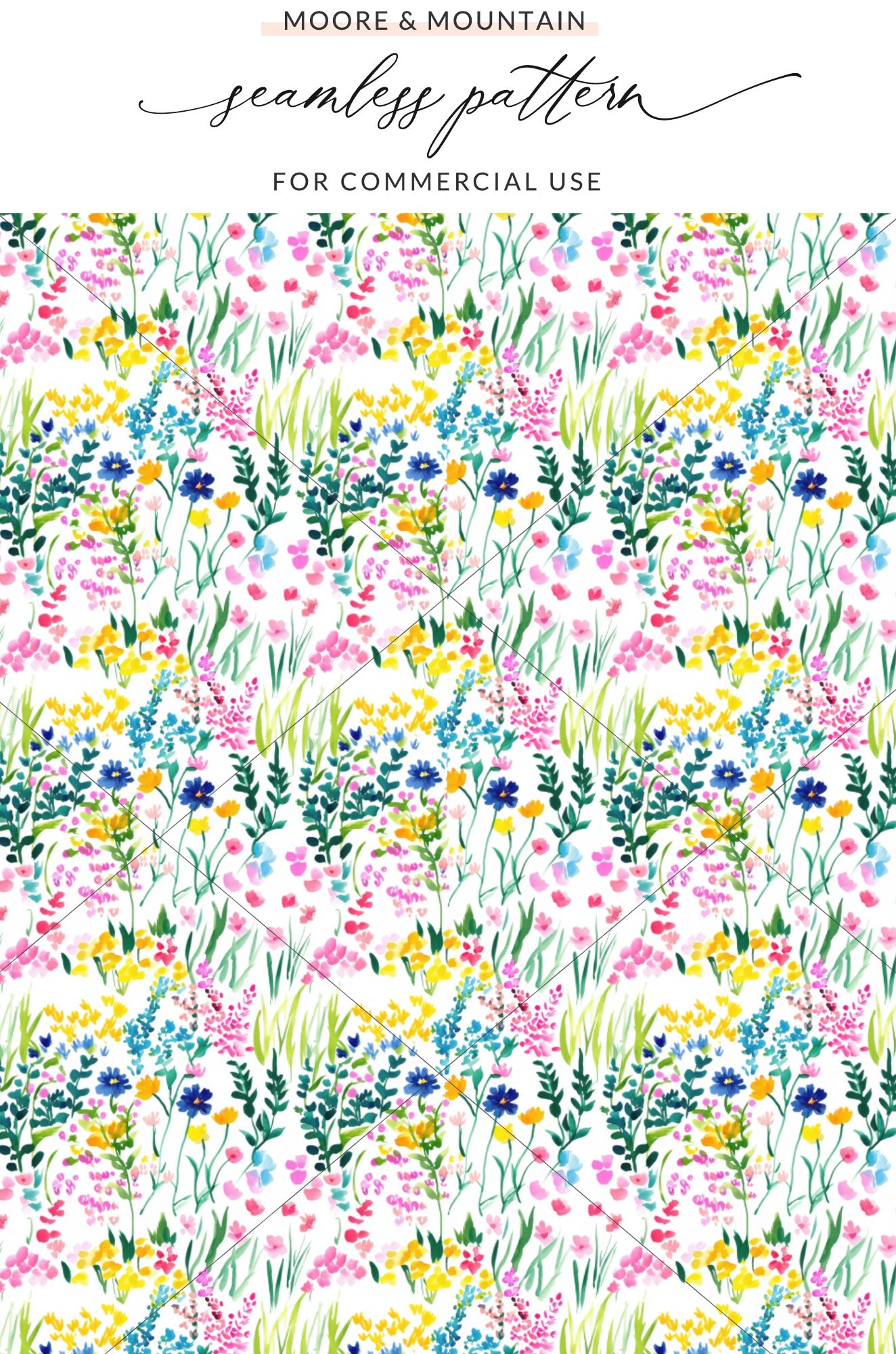 Seamless watercolor floral pattern with wildflowers and grass in pink, yellow, and blue.