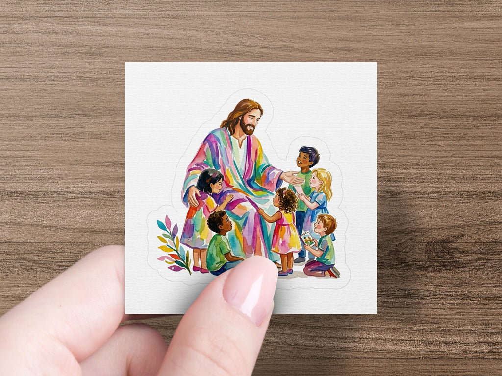 Jesus in colorful robe embracing children surrounded by floral accents.
