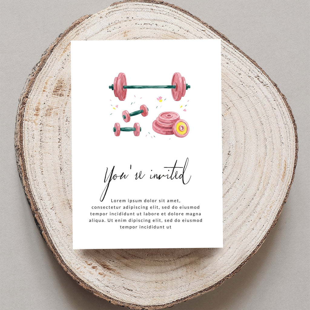 Invitation with watercolor barbells and weights, "You're invited" text.