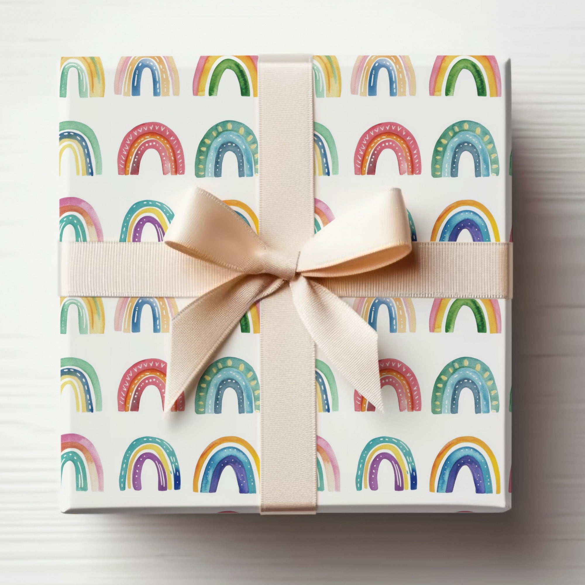Rainbow Pattern Wrapped Gift Box with Ribbon Design