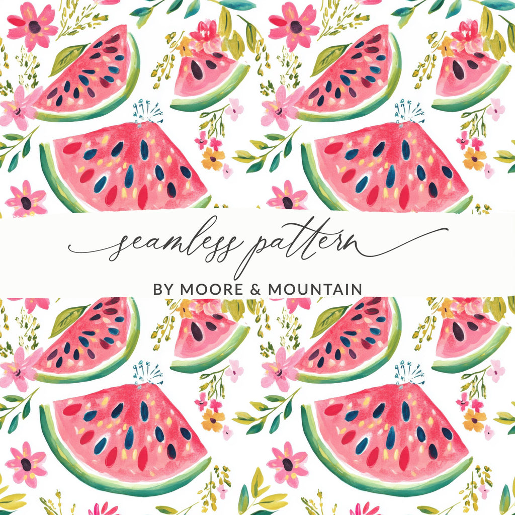 Seamless pattern of sliced watermelons and pink flowers.
