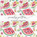 Seamless pattern of sliced watermelons and pink flowers.