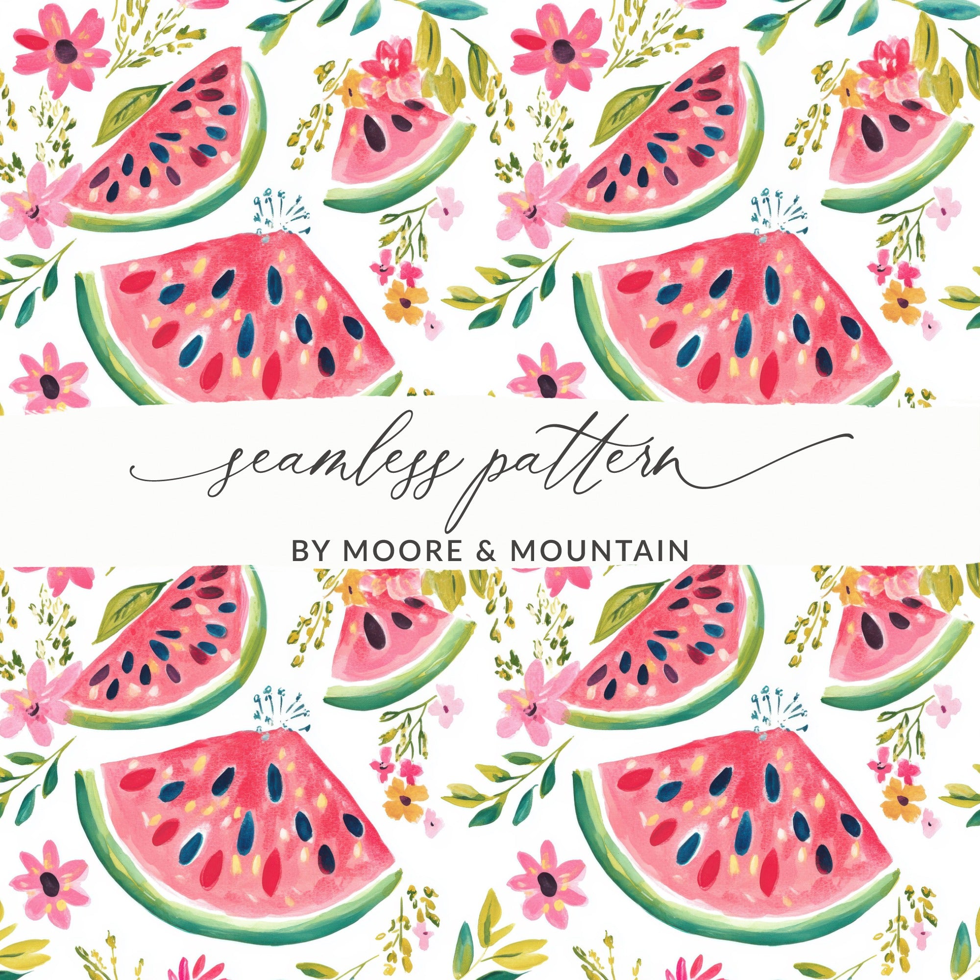 Seamless pattern of sliced watermelons and pink flowers.