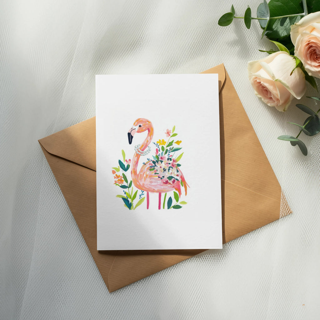 Flamingo with floral collar on a card atop a brown envelope, with roses.