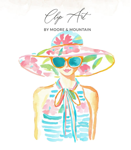 Woman in floral hat and striped shirt, sunglasses, "Clip Art" text.