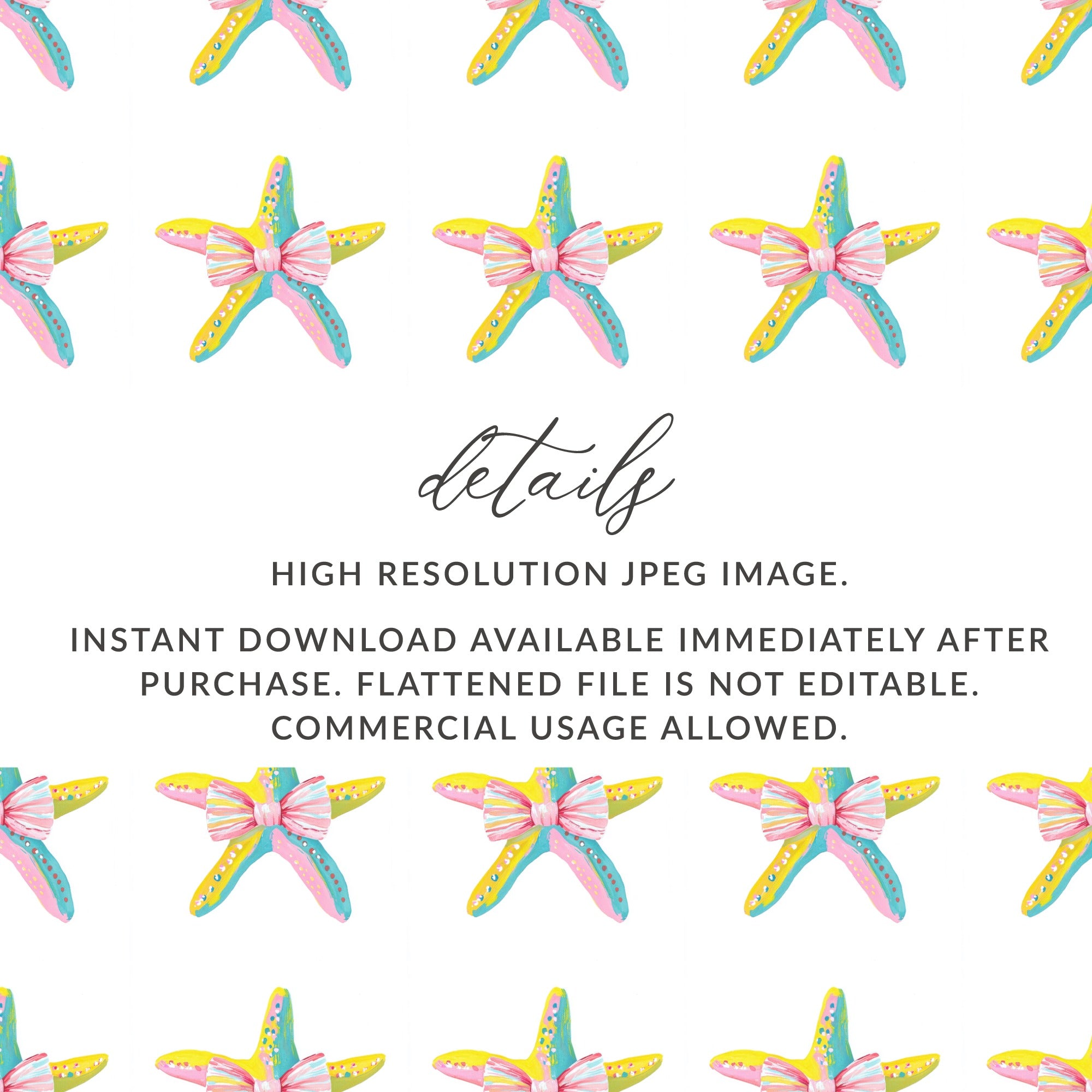 Vibrant Starfish Bows Ocean Pattern Design product type
Starfish
Seamless pattern
Digital paper
Summer vibes
Ocean theme
Nautical design
Underwater life
Beach aesthetic
Watercolor art
Colorful print
Bow tie starfish
Pink yellow blue
Marine life
Cute design
Repeating pattern
Scrapbooking
Fabric print
Wall art
Digital download
Product background