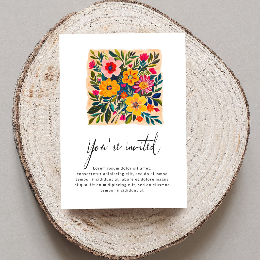 Floral invitation with "You're invited" and placeholder text.