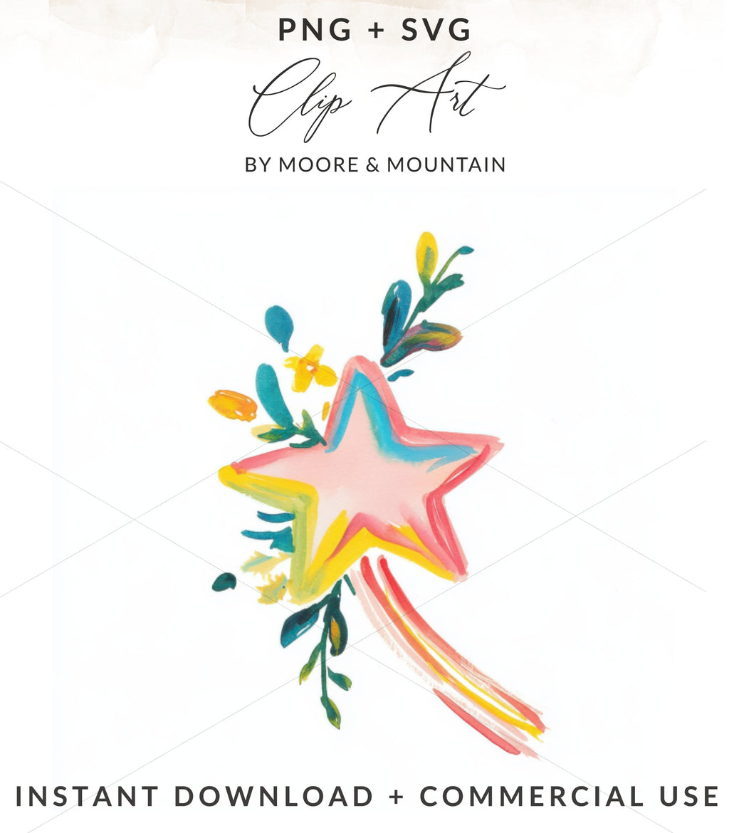 Pink star with colorful floral accents, instant download.