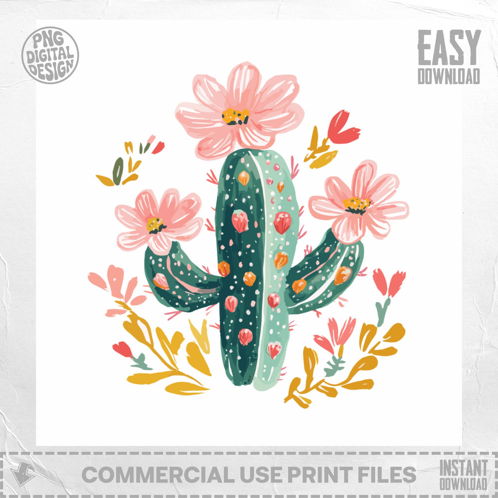 Illustration of a Saguaro cactus with pink flowers and green accents.