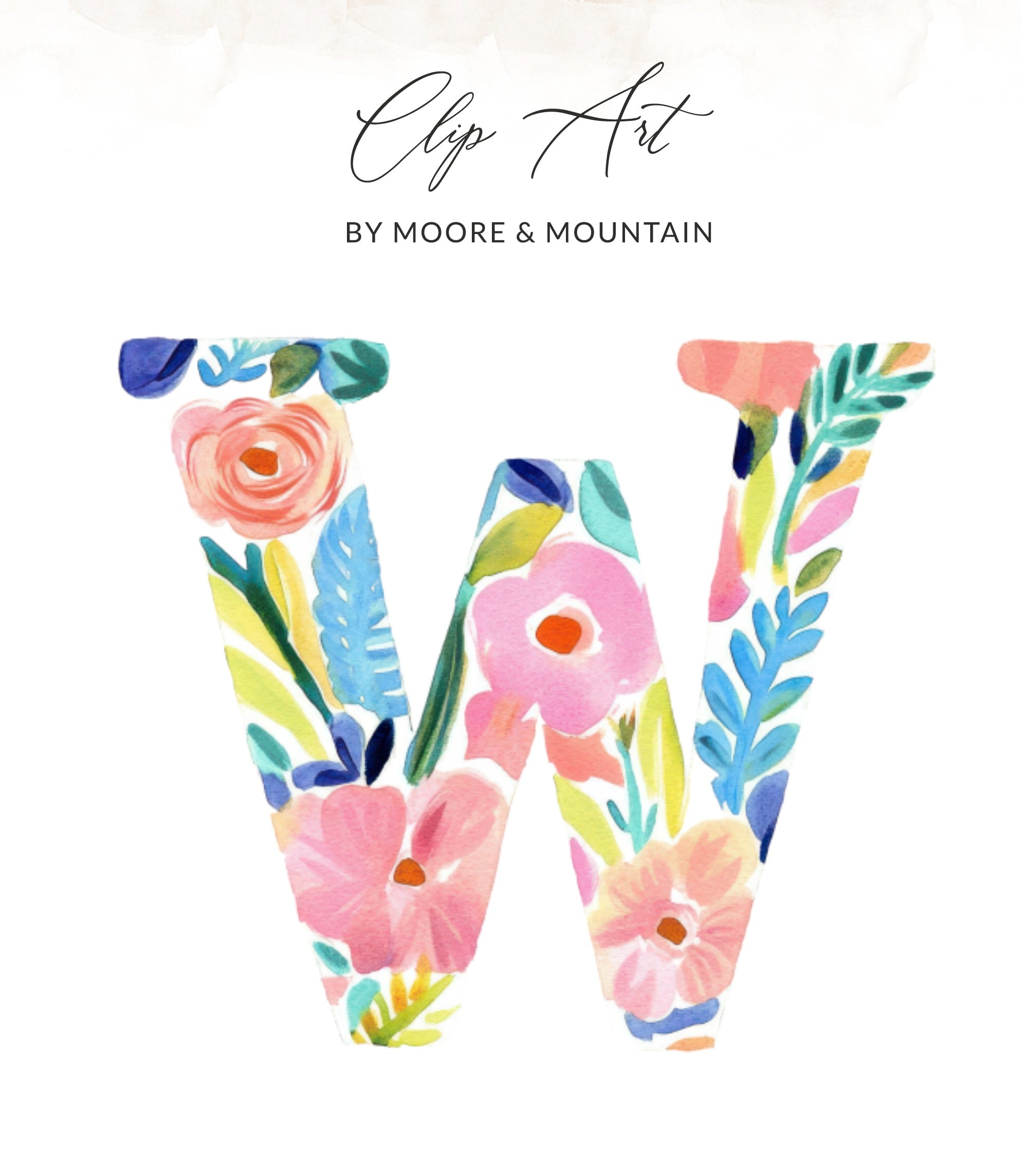 Floral letter W with "Clip Art" and "BY MOORE & MOUNTAIN" text.