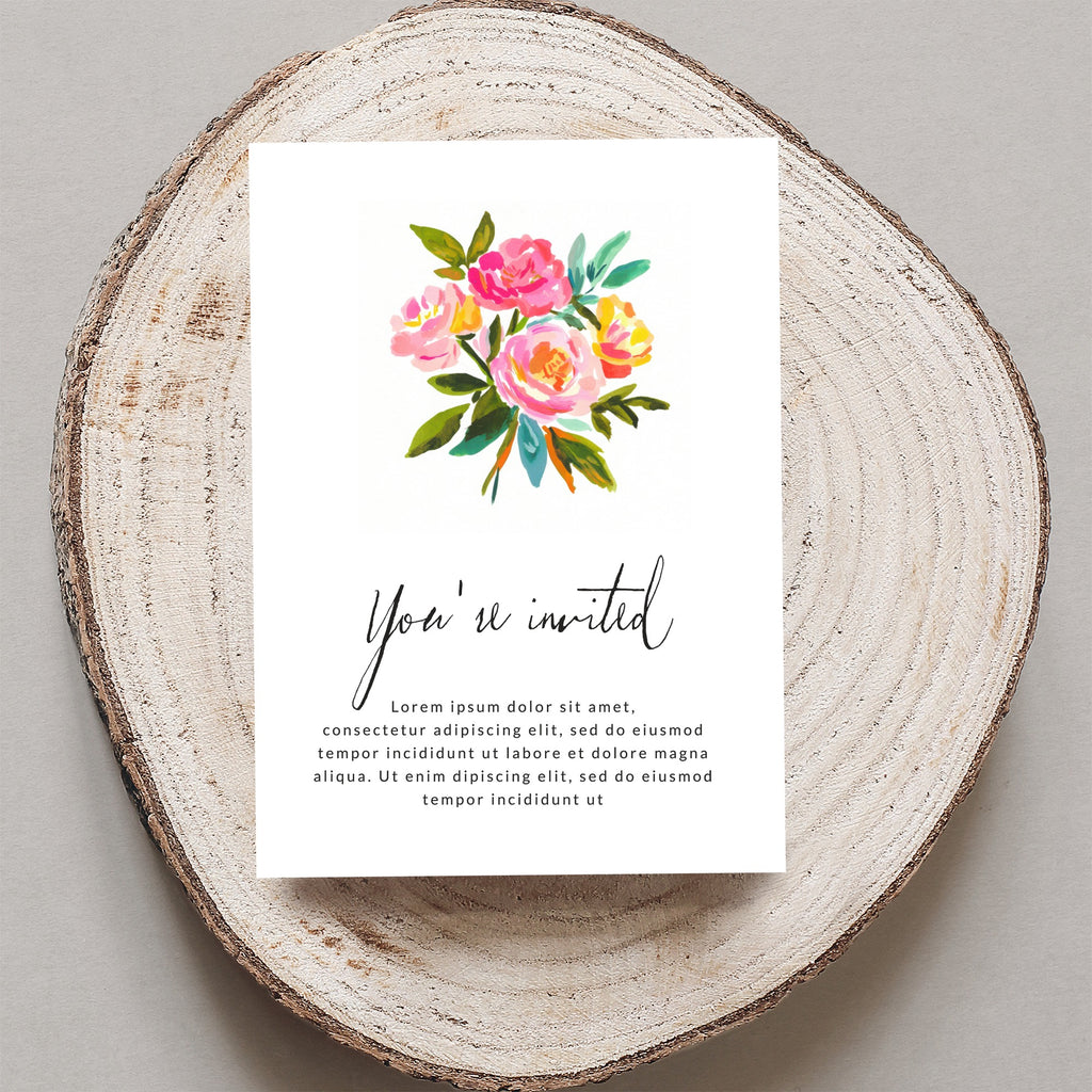 Invitation card with watercolor flowers and "You're invited" text.