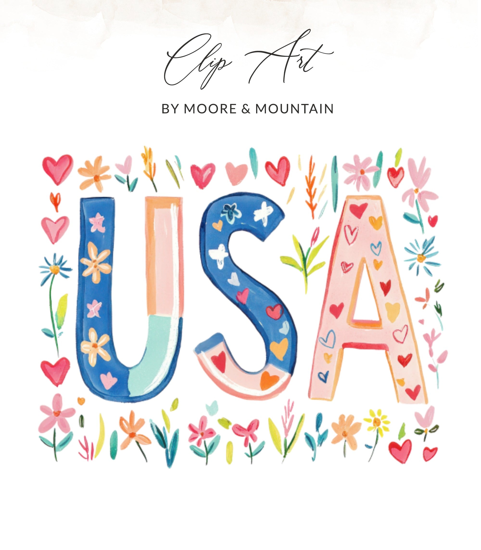 USA in colorful watercolor letters with floral accents.