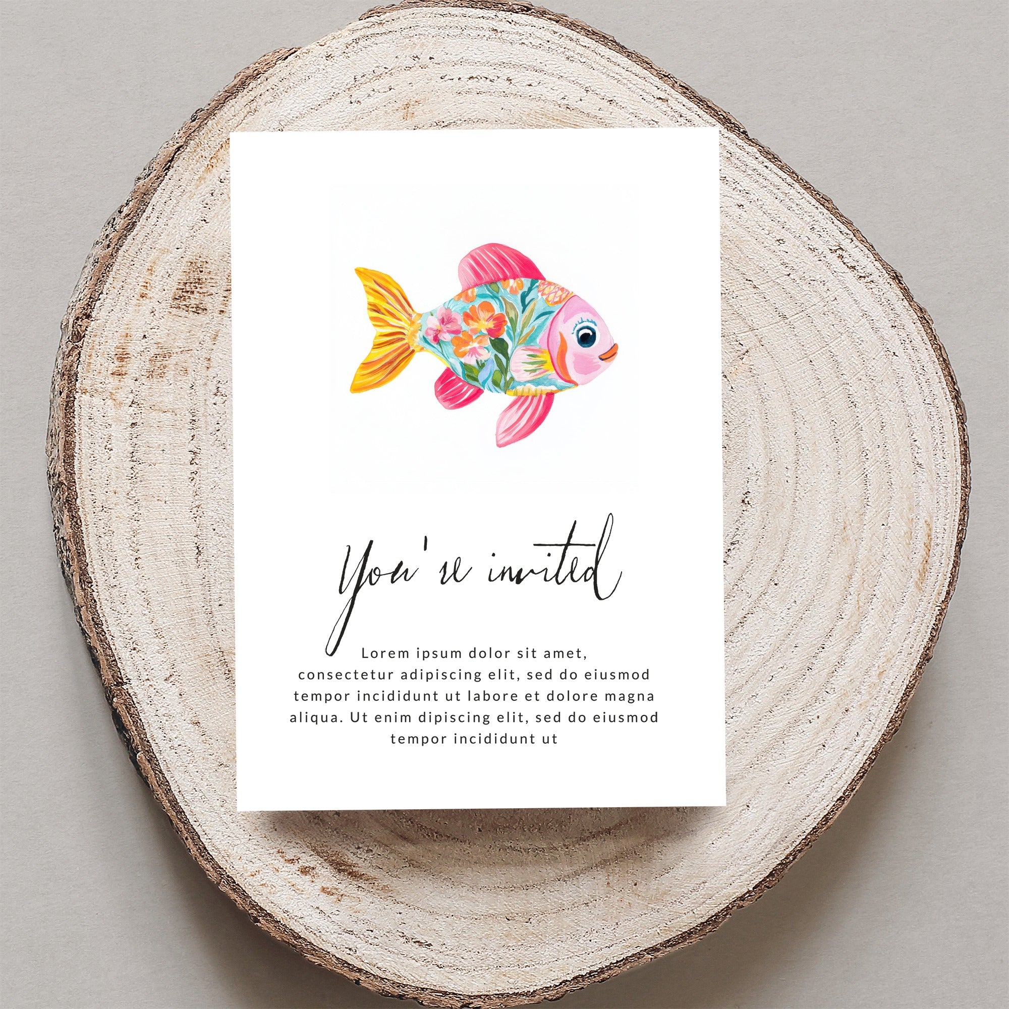 Invitation card with colorful goldfish and "You're invited" text.