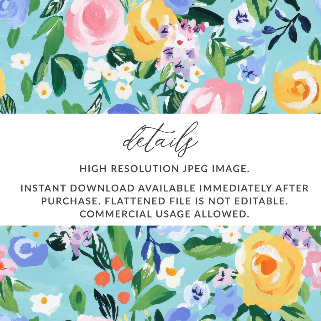 Blue Abstract Floral Seamless Pattern Digital Paper, Acrylic Spring Ditsy Flower Background, Fine Art Floral, Modern Gouache Painted Design