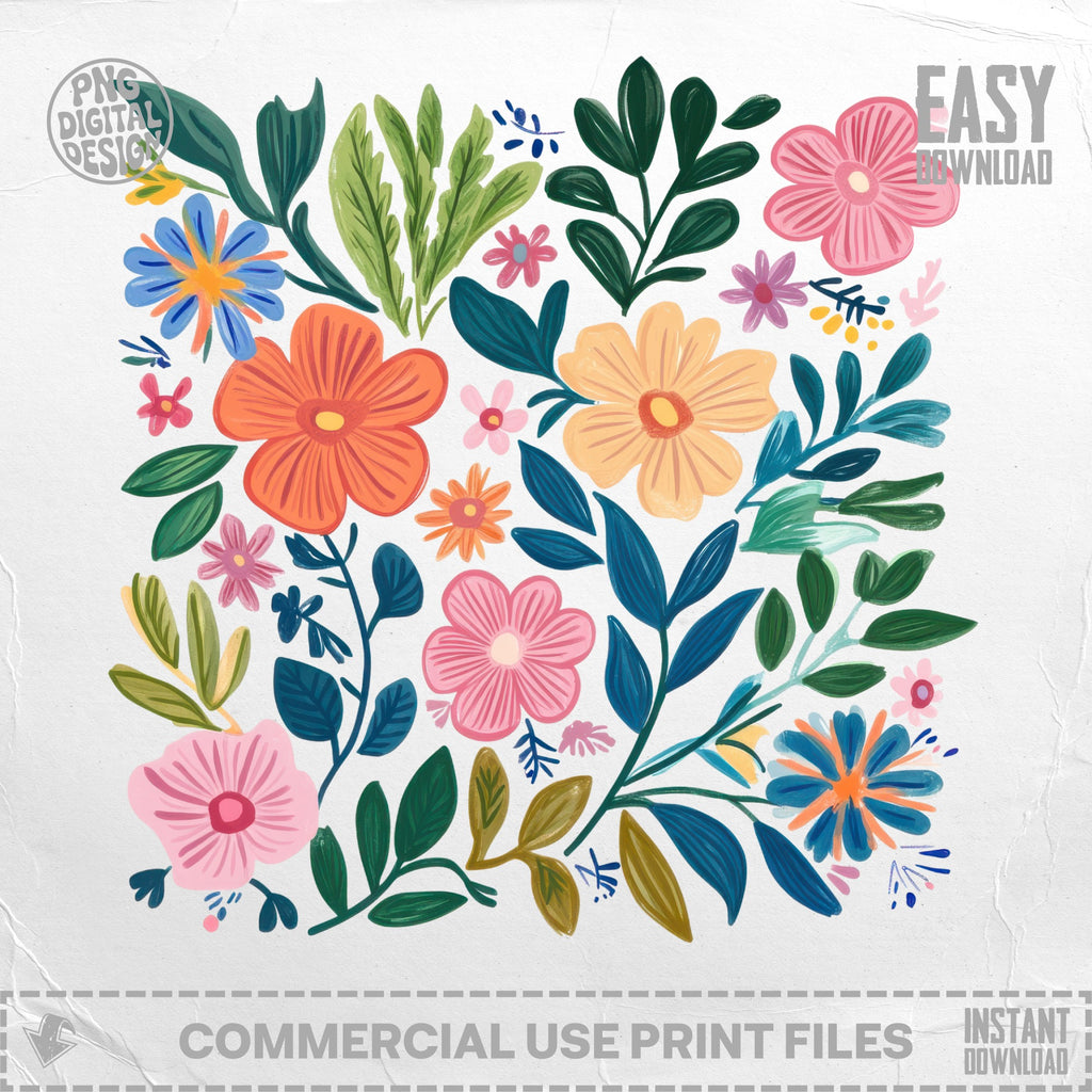 Colorful floral pattern with pink, orange, and blue flowers and green leaves.