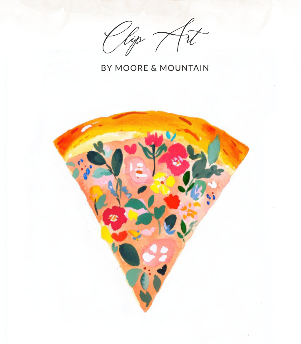 Watercolor clip art of a slice of pizza with floral designs.