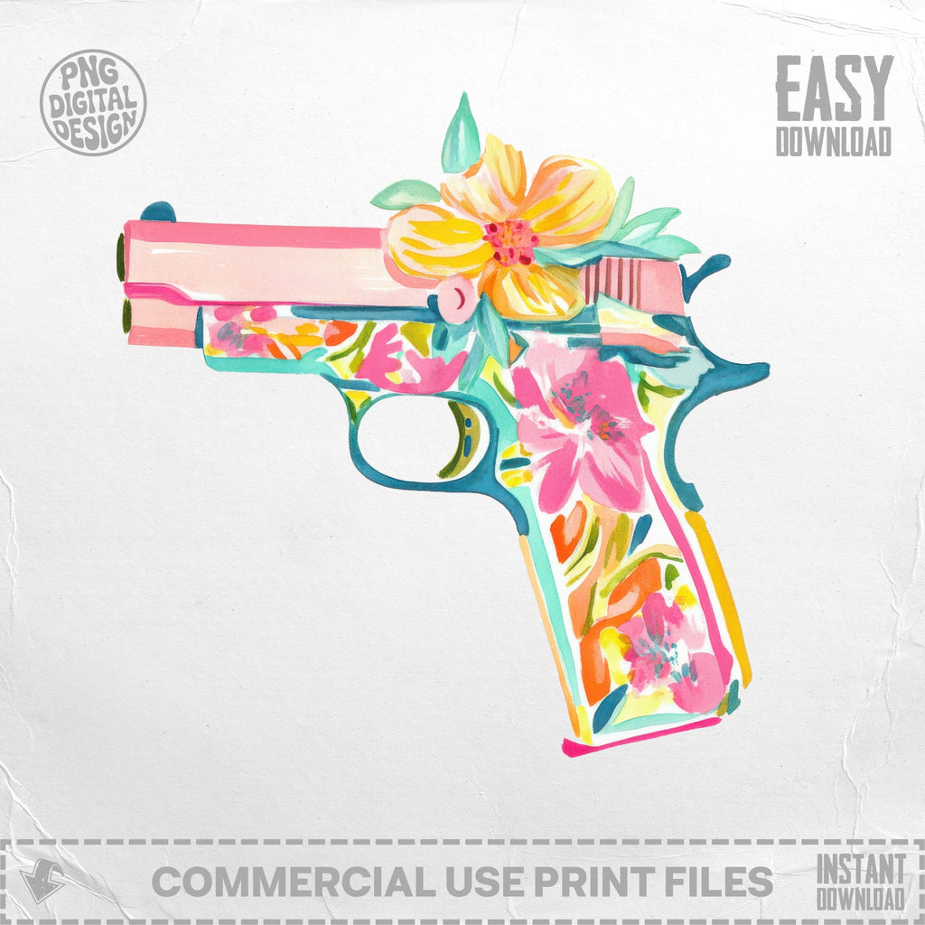 Pink handgun with floral pattern and flowers, "PNG DIGITAL DESIGN" text.