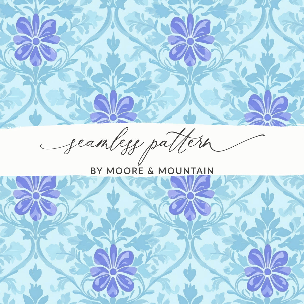 Seamless blue floral pattern with text "by Moore & Mountain".