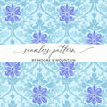 Seamless blue floral pattern with text "by Moore & Mountain".