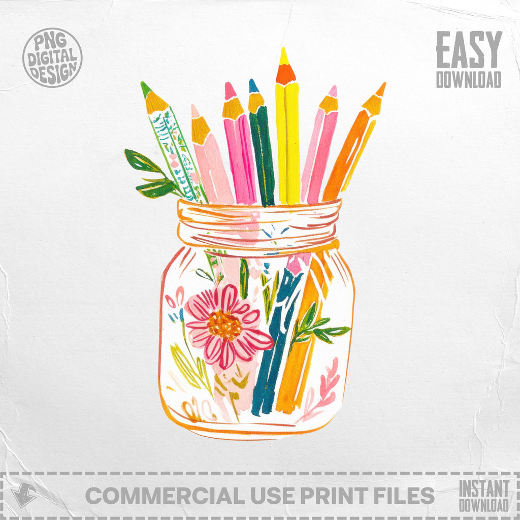 Jar filled with colorful pencils and a pink flower.