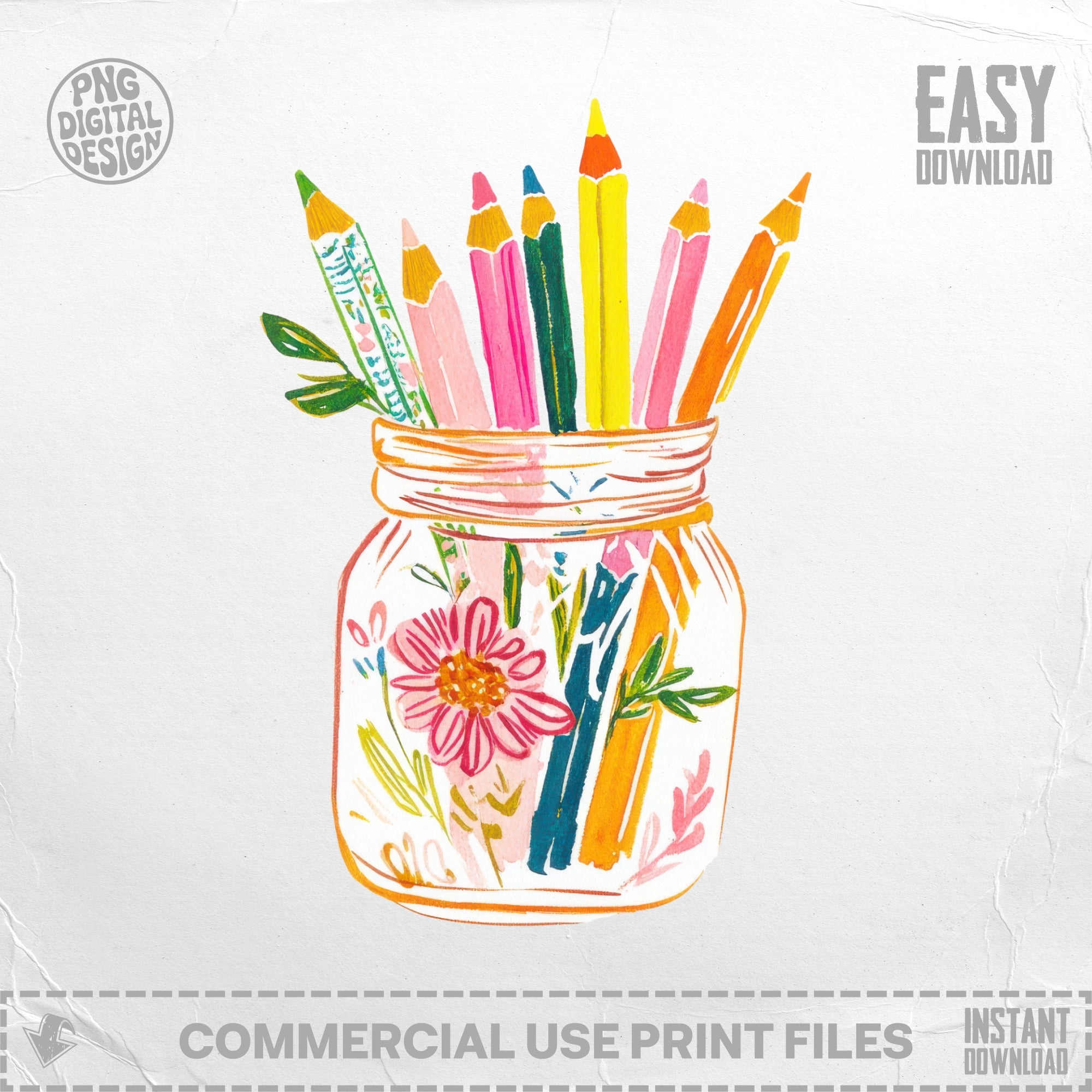 Jar filled with colorful pencils and a pink flower.