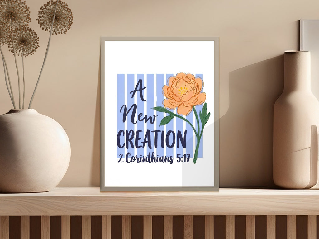 Framed print with peach peony and text "A New Creation 2 Corinthians 5:17".