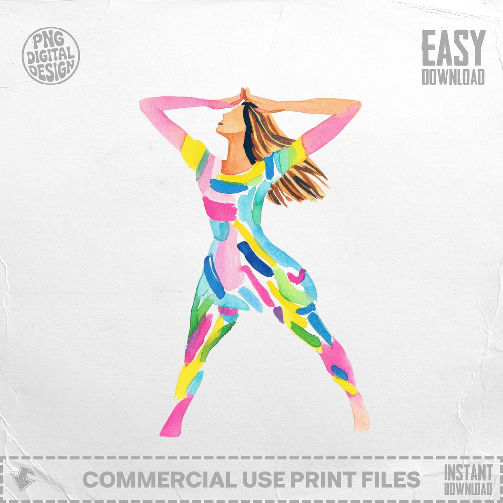 Abstract watercolor dancer in colorful brushstrokes, hands above head.