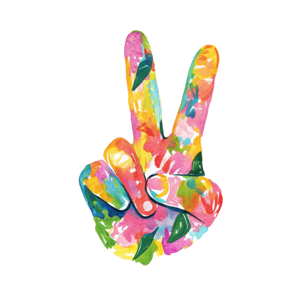 Colorful watercolor peace sign hand on white background.