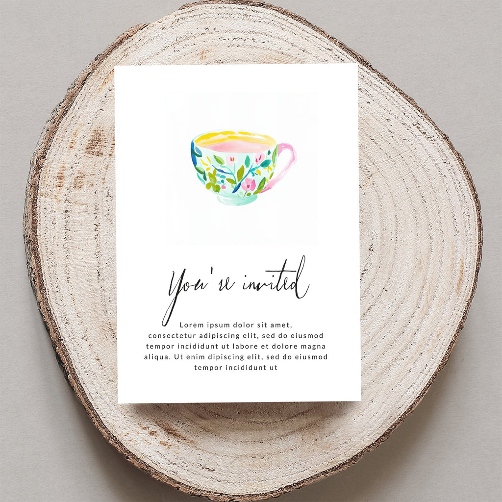 Invitation with floral teacup and "You're invited" text.