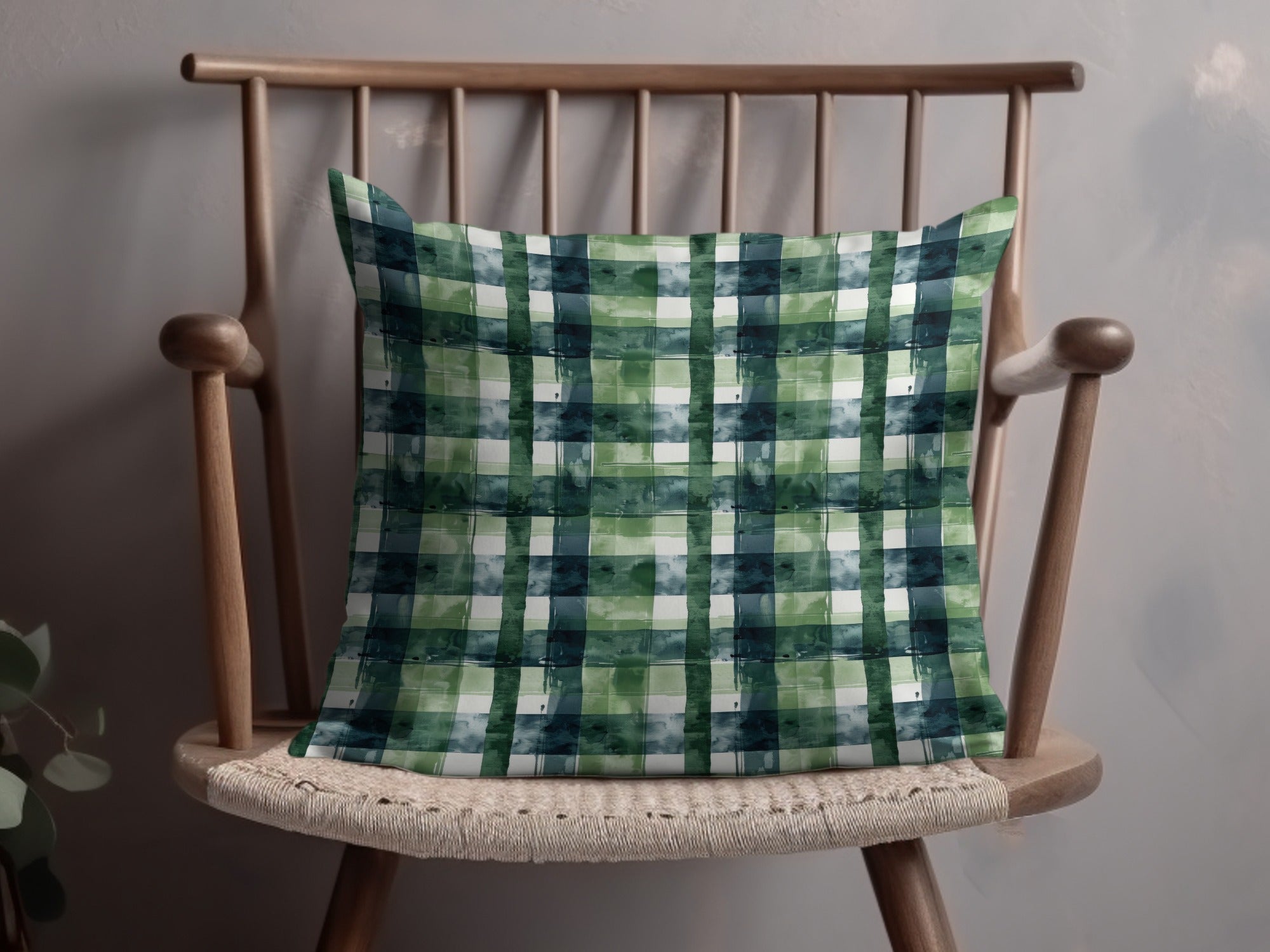 Gingham Plaid Green and Blue Print Decorative Pillow