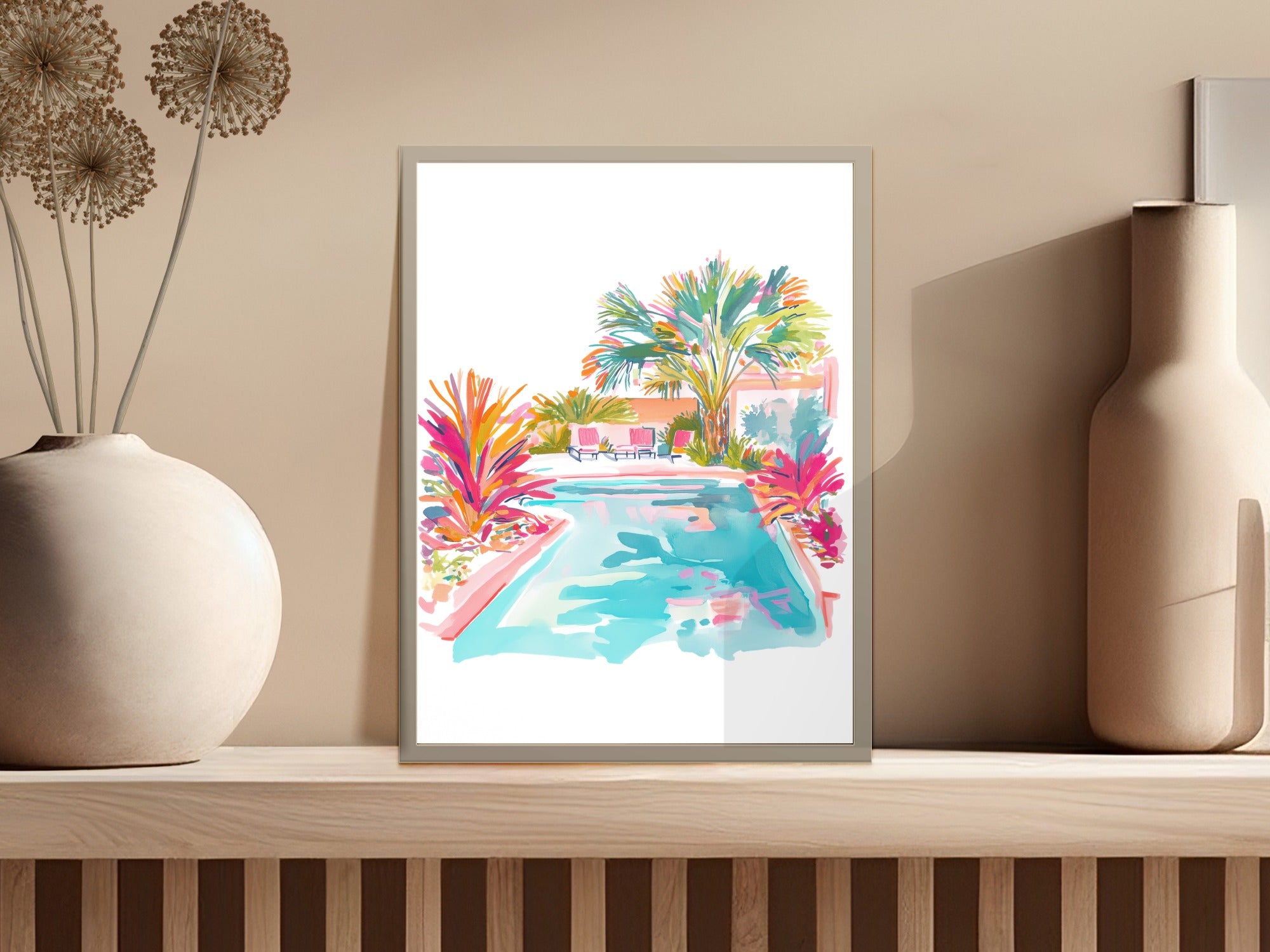 Colorful abstract painting of a swimming pool with palm trees and lounge chairs.