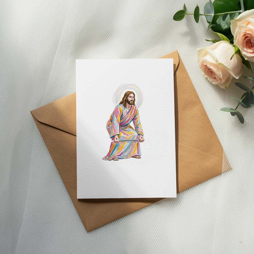 Illustration of Jesus in a colorful robe holding a cross.