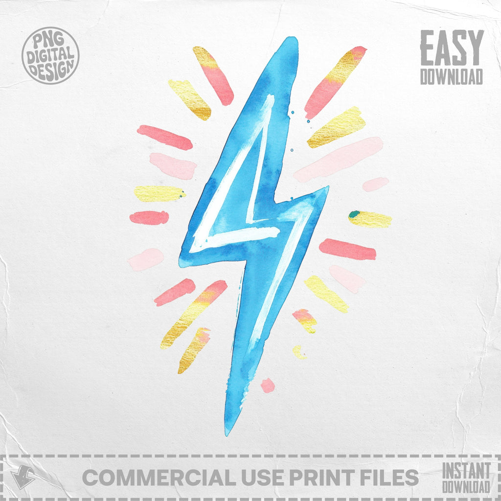 Blue watercolor lightning bolt with pink and gold radiating lines.
