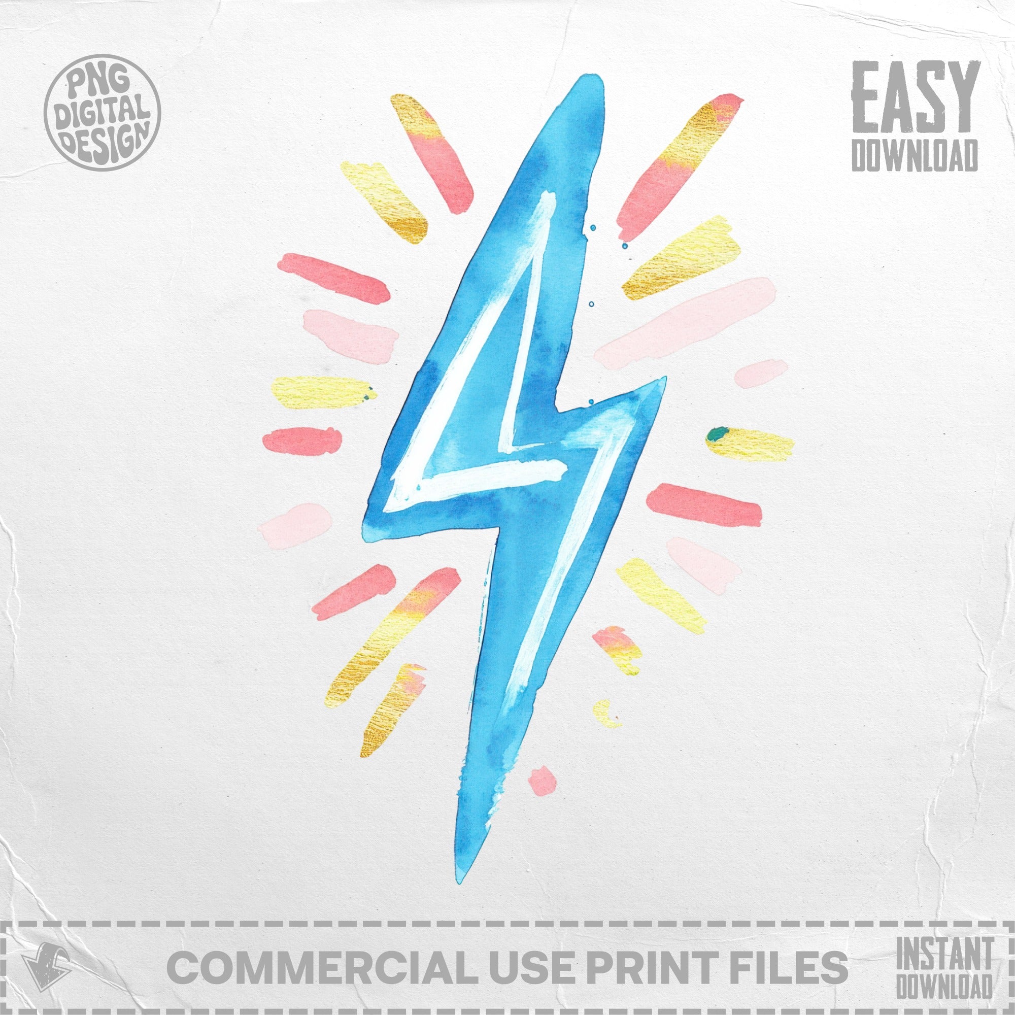 Blue watercolor lightning bolt with pink and gold radiating lines.